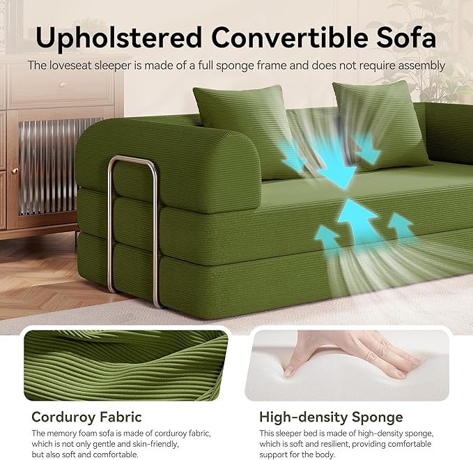 79 Folding Convertible Sofa Bed Boneless Couch for Living Room with Pull Out Bed ‌Convertible Sleeper Sofa Bed with Pillows - Corduroy Upholstered Modular Futon Couch for Bedroom Lounge (Green)