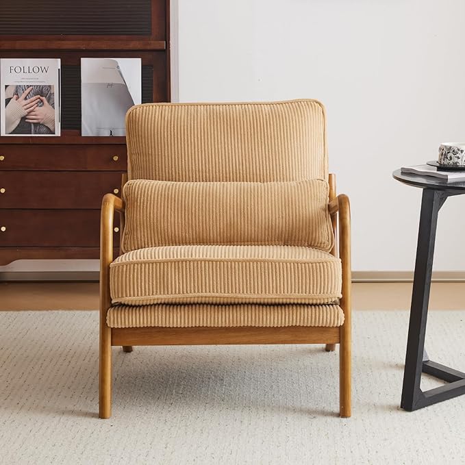 Karl home Mid-Century Modern Accent Chair Living Room Chairs with Pillow Upholstered Lounge Armchair with Solid Wood Frame &amp Soft Cushion for Bedroom Reading Room Corduroy Khaki (Low Back)