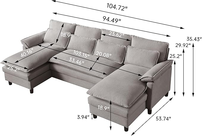 Convertible Sectional Sofa 104 U Shape Cloud Couch Comfy Couches with Double Chaise and Sleepable Armrests 4 Seats Sectional Sofa for Living Room Light Grey