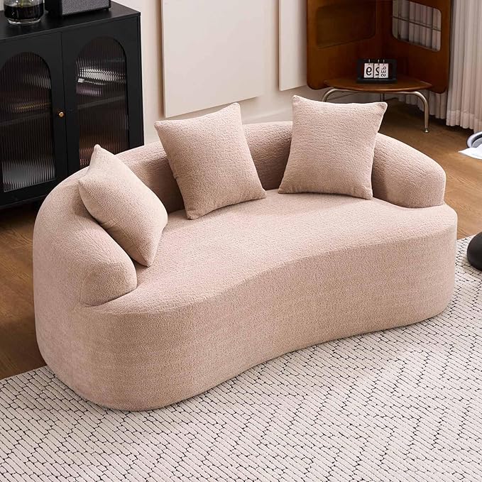 65” Warm Beige Curved Couch&amp Loveseat Sofa with 3 Pillows Compression Couch with Round Armrest Suitable for Small Space Bedroom Living Room Memory Foam Chenille No Assembly (Warm Beige)