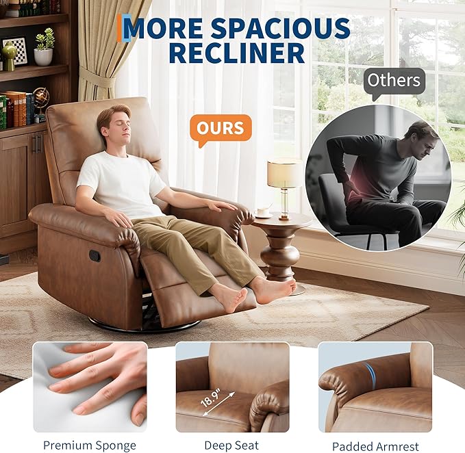 IDEALHOUSE Manual Recliner Chair 360° Swivel Rocker Glider Recliner with Padded Armrests Modern PU Leather Upholstered Reclining Chair for Living Room Bedroom and Nursery (Orange)