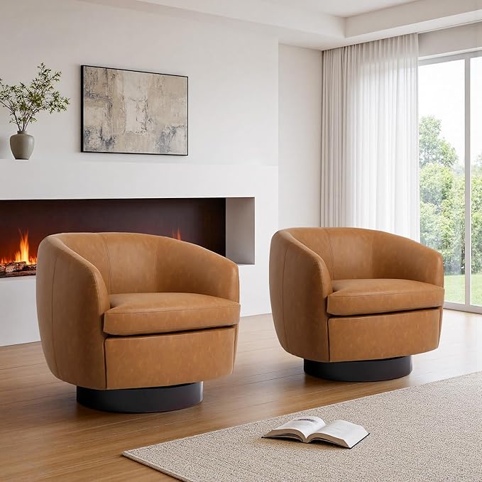 Faux Leather Swivel Barrel Chair Modern Round Swivel Accent Chair with 360° Rotation Upholstered Armchair Club Chair for Living Room Bedroom Office (Light Brown)