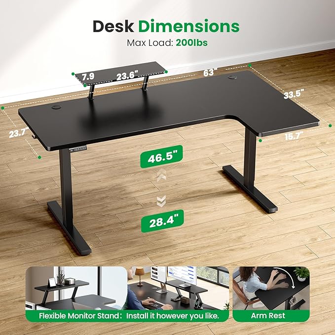 L-Shaped Standing Desk - 63 Inch Adjustable Corner Standing Desk with Flexible Monitor Stand Electric Sit Stand Computer Table with Memory Controller for Home Office