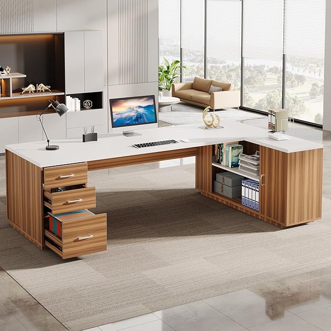 Tribesigns 85.8-Inch L-Shaped Executive Desk Extra Large Modern Office Desk with File Drawers Door Cabinet &amp Shelves Commercial Office Table Home Business Workstation White &amp Brown