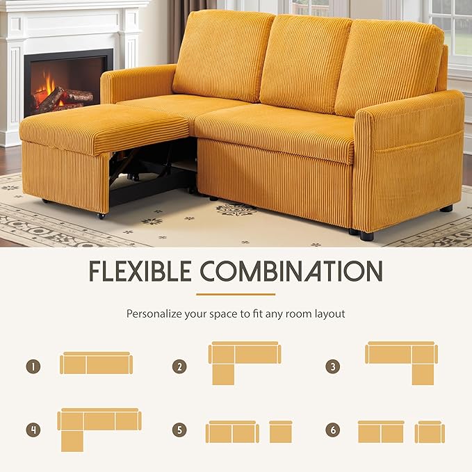 Convertible Sectional Sofa Couch 71 Corduroy Fabric Modern 3 Seater L-Shaped Sofa with Reversible Chaise &amp Seats Storage Deep Seat Sleeper Couch for Living Room Small Spaces Yellow