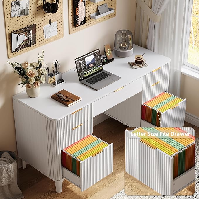 55.1 Fluted Executive Desk with Drawers White Desk with Storage Cabinet Home Office Desk with Charging Station Farmhouse Desk with File Cabinet for Office Home