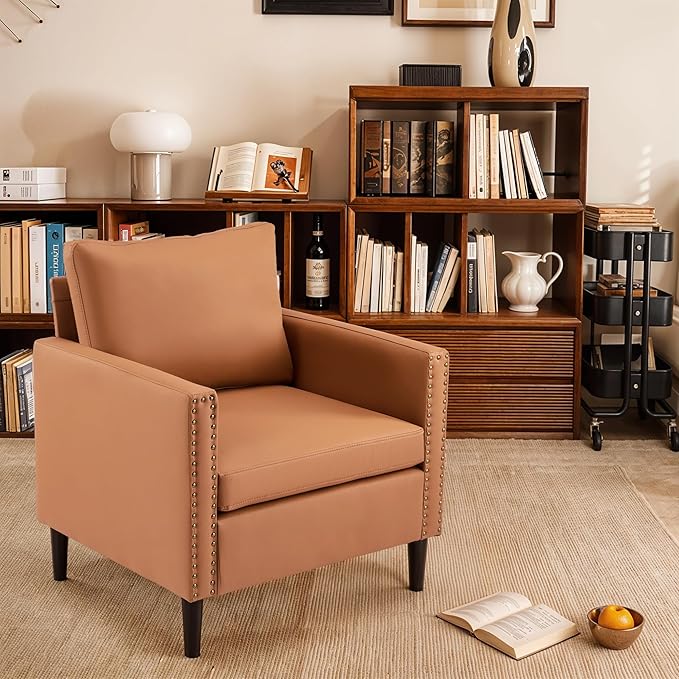 MOJAY Modern Accent Chairs Mid-Century PU Leather Armchair Living Room Chair for Bedroom Upholstered Comfy Sofa Chair with Wood Legs for Apartment Reading Room (Brown)