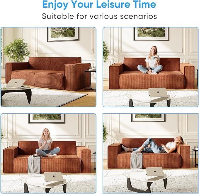 PUREMIND 3 Seater Corduroy Couch for Living Room 76 Modern Sofa in a Box No Installation &amp Easy to Transport Deep Seat Sofa with Wide Armrest Orange