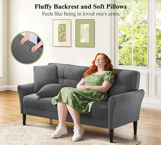 Loveseat Sofa 69 Love Seat Couches Comfy Velvet Small Sofa Couch for Bedroom with 2 Pillows Tool-Free Setup Sofas &amp Couches 700lb Load Sofas for Living Room Mini Couch for Bedroom Grey Couc