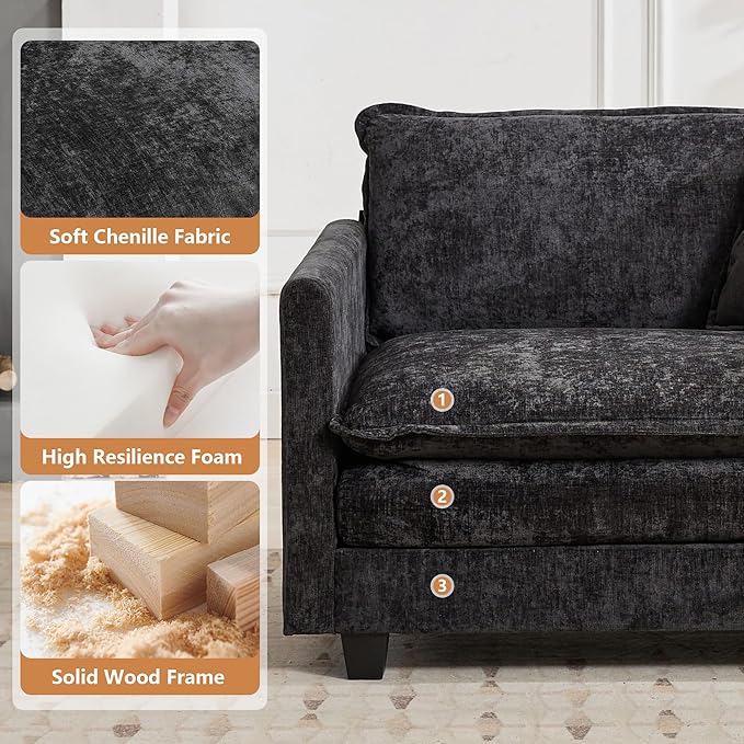 Setawix Modern Modular Sectional Sofa Chair with Movable Ottoman 42 Upholstered Chenille Comfy Fluffy Cloud Deep Seat Couch Oversized Single Armchair with Throw Pillow for Living Room Black