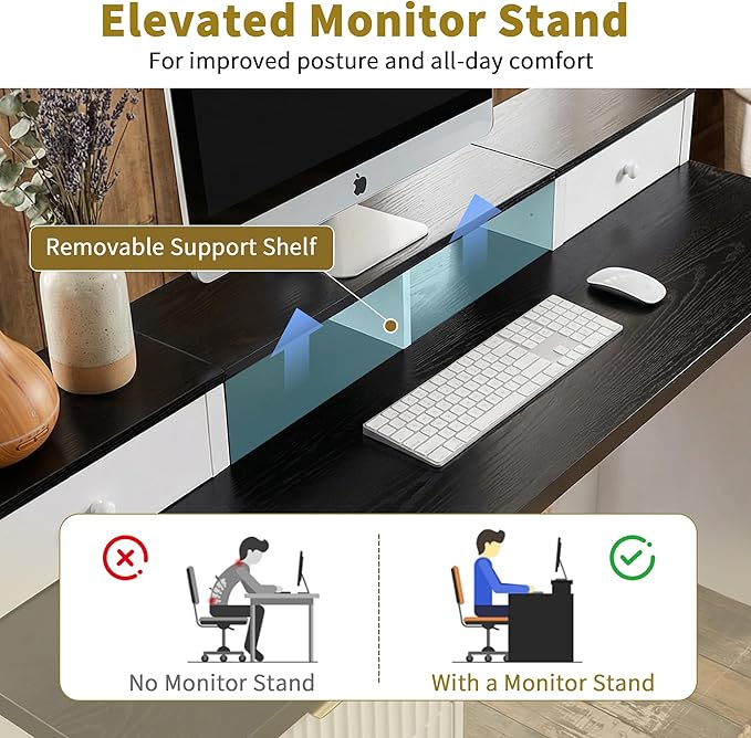 59 Fluted L-Shaped Desk with Charging Station &amp Storage Cabinet Modern Computer Desk with Monitor Stand File Drawer and Removable Support Shelf for Study Home Office White