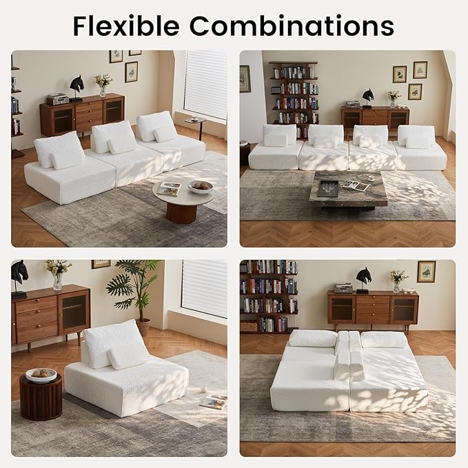 Modular Sectional Sofa Couch Boneless Single Sofa 1 Seat Couch with Deep Seat Memory Foam Cloud Chair with Pillows White Chenille Lazy Floor Couch for Small Spaces Living Room &amp Bedroom
