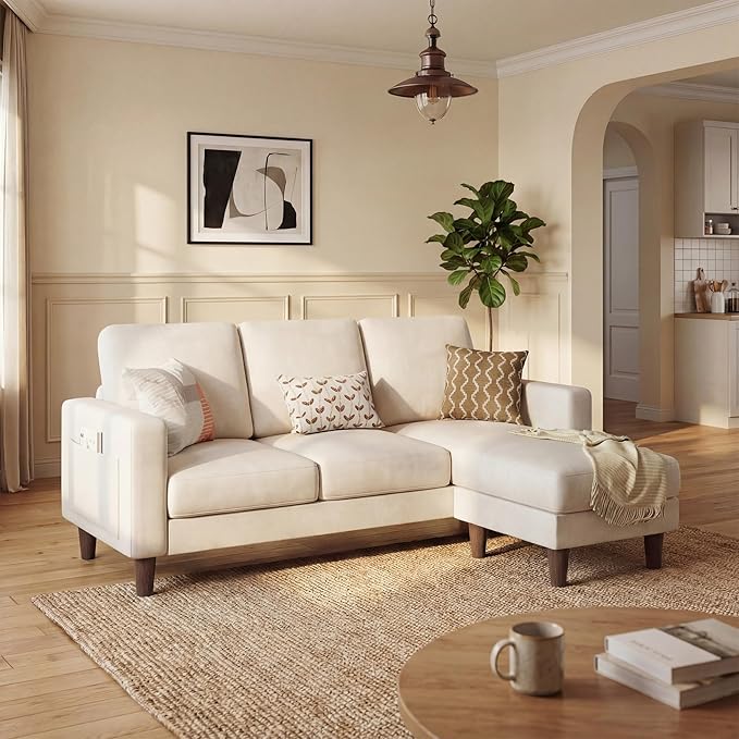 Homall 3 Seat Couch L Shape Sofa with Side Storage Pockage Sectional Couches with Reversible Ottoma Upholstered Sofa for Living Room and Small Spaces (Linen Fabric Cream)