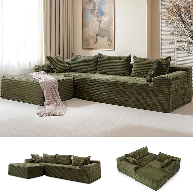 110 L-Shaped Modular Sectional Sofa with Chaise Boneless Comfy Corduroy Fluffy Couch with Deep Seat and Side Pockets Flexible Module Combination for Living Room No Assembly Side Pockets