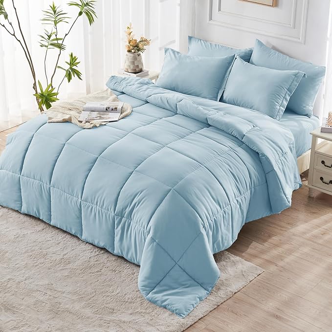 JOLLYVOGUE King Comforter Set Ultra-Soft Bed in a Bag King Size 7 Pieces Oeko-TEX Certified Bedding Set with Down Alternative Comforter Sheets Pillowcases &amp Shams Lake Blue