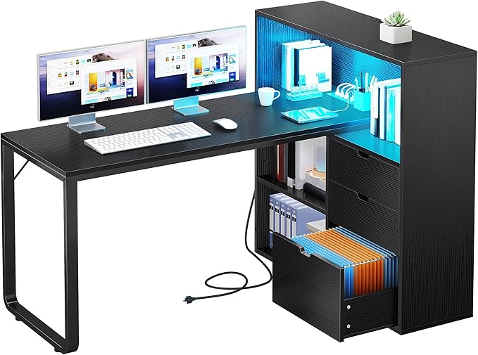 YITAHOME L Shaped Desk with Power Outlets &amp LED Lights &amp File Cabinet 55 Corner Computer Desk with 3 Drawers &amp 3 Storage Shelves Home Office Desk with Bookshelf Black