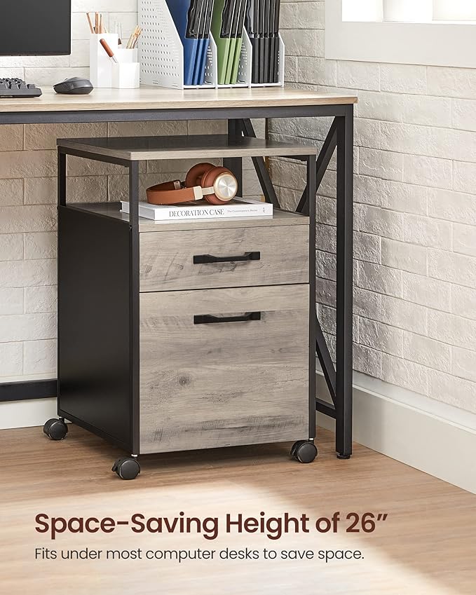 VASAGLE File Cabinet Mobile Filing Cabinet with Wheels 2 Drawers Open Shelf for A4 Letter Size Hanging File Folders Heather Greige and Ink Black UOFC071B02