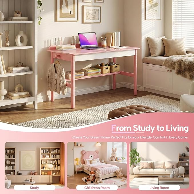 Solid Wood Study Desk &amp Home Office Writing Table with Drawers 31 Vintage Mid Century Modern Computer Desk Home Office Workstation for Bedroom Small Spaces Apartment(Pink31.5 Inch Wide)