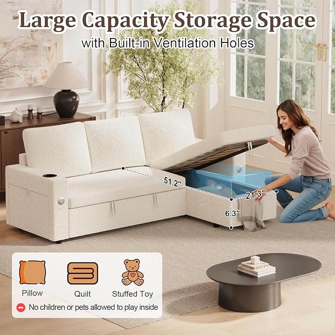 Sleeper Sofa Bed 4-in-1 Pull Out Couch with Reversible Chaise | Dual USB &amp Type-C Charging | Dual Cup Holders | Layered Storage (Armrest + Chaise) for Living Room Apartment Home Office (White)