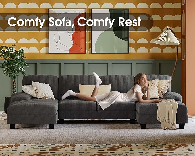 Furmax Sectional Couches for Living Room U-Shaped Sofa Couch with Linen Fabric 4 Seat Sofa Set with Double Chaise for Apartment (Corduroy Dark Grey)