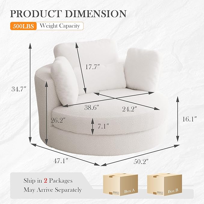 Aoiy &amp Wifon 50.2'' W Oversized Swivel Barrel Chair Ivory Swivel Accent Chair for Living Room Round Oversized Arm Chair with 4 Pillows Deep Seat &amp Extra Wide Sherpa