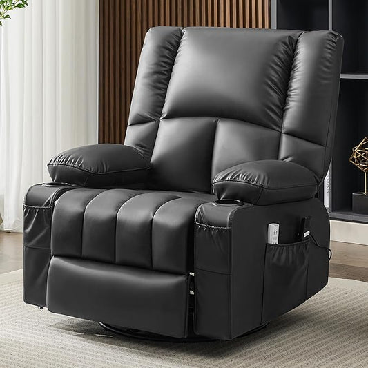 Oversized Recliner Chairs for Adults 270° Swivel Rocker Recliner with Heat and Massage Lazy Boy ReclinerRecliner Chairs Single Sofa Seat with Cup Holders (BlackElectric)