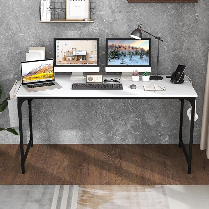Giantex 60 Inch Computer Desk with Charging Station Home Office Writing Desk with Storage Bag &amp Headphone Hook Large Gaming Table PC Workstation Modern Simple Laptop Desk for Bedroom Study
