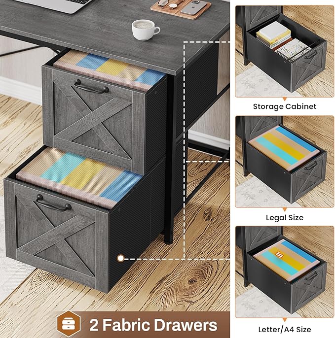 SEDETA L Shaped Gaming Desk Reversible Computer Desk with Fabric Drawers and Power Outlet Gaming Desk with Led Lights Hutch and Storage Shelf for Home Office Grey