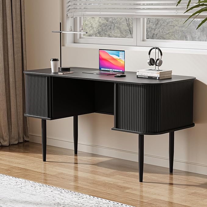 55 Modern Writing Desk with Storage Wood Home Office Desk with Sliding Doors Computer Desk for Home Office Dorm Living Room Home Study Table Black