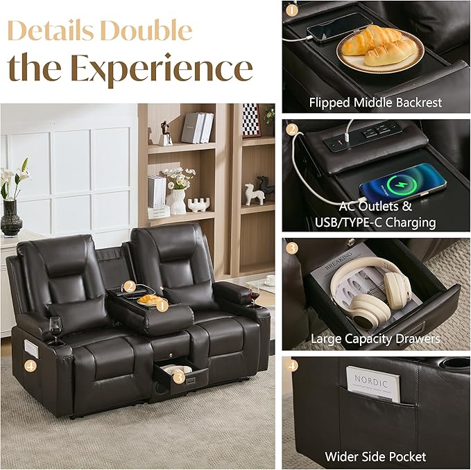 Houjud Manual Reclining Loveseat Sofa with Console PU Leather Recliner Sofa RV Couch with Bluetooth Speakers USB Charging AC Outlets and Pillow for Home Theater Dark Brown