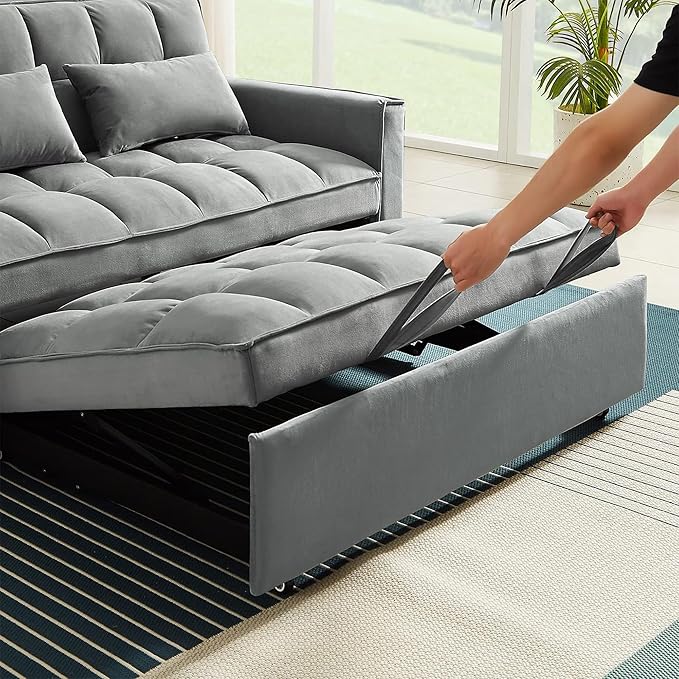 55'' 3-in-1 Sleeper Loveseat 2-Seater Pull Out Couch Velvet Futon Sofa Adjustable Backrest Reclining Sofa Bed with Pillows Pockets Perfect for Small Spaces Living Room Furniture Grey