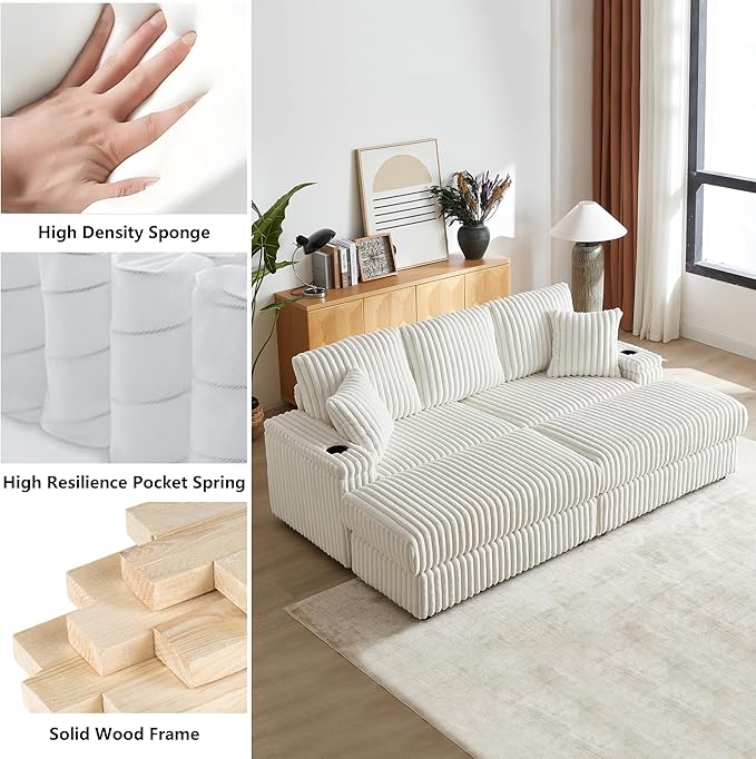 Aoowow 84 Corduroy Oversized 3-seater sofa with 2 Ottomans Modular Sectional Deep Seat Sofa with Back and Toss Pillows Modern Comfy Sofa with 2 Storage Spaces and Cup Grooves for Living Room Beige