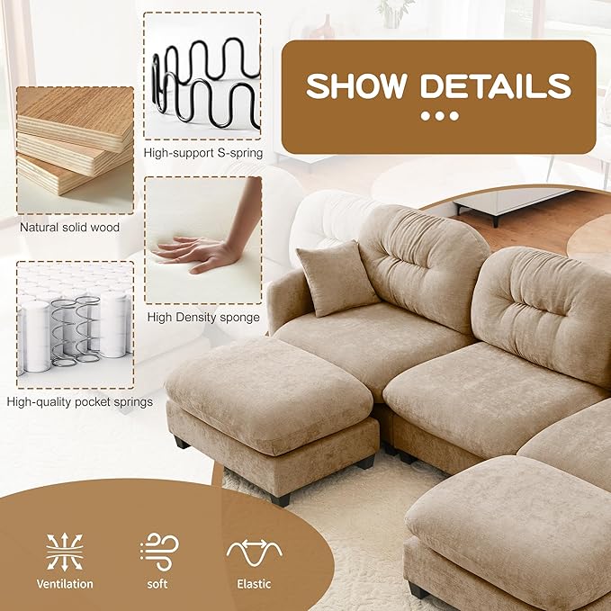 Cloud Couches for Living Room Modular Sectional Sofa 140 L-Shape Modular Couch with Movable Ottoman Oversized Sectional Couch with Deep Seat Camel