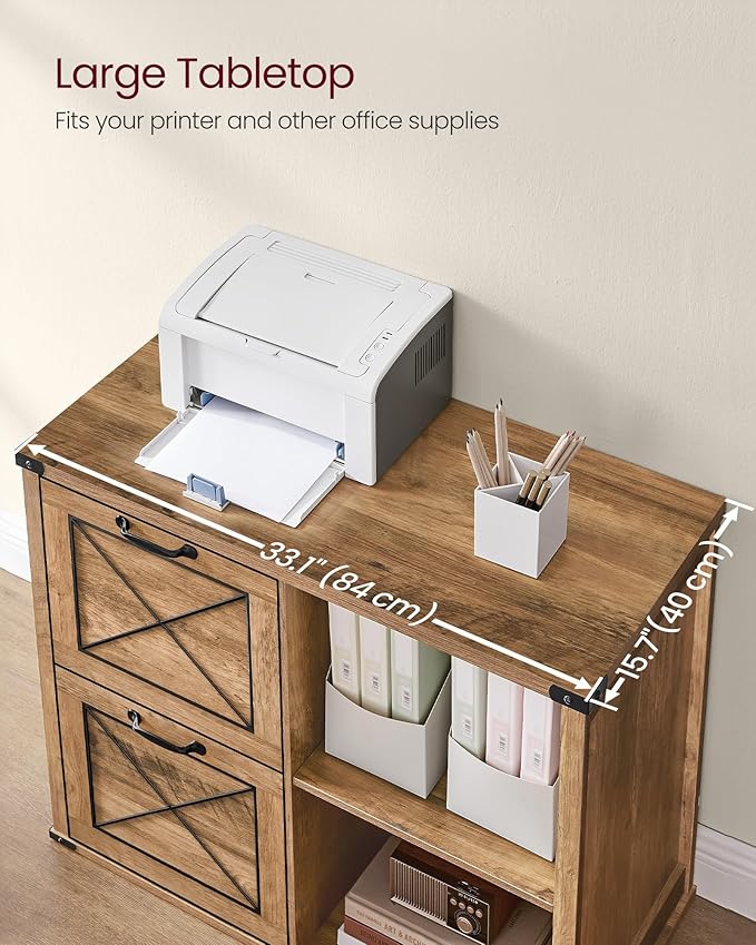 VASAGLE Lateral File Cabinet Filing Cabinet with 2 Drawers Printer Stand 2 Open Compartments Fit A4 Letter Size Hanging File Folders for Home Office Farmhouse Style Honey Brown UOFC049T41