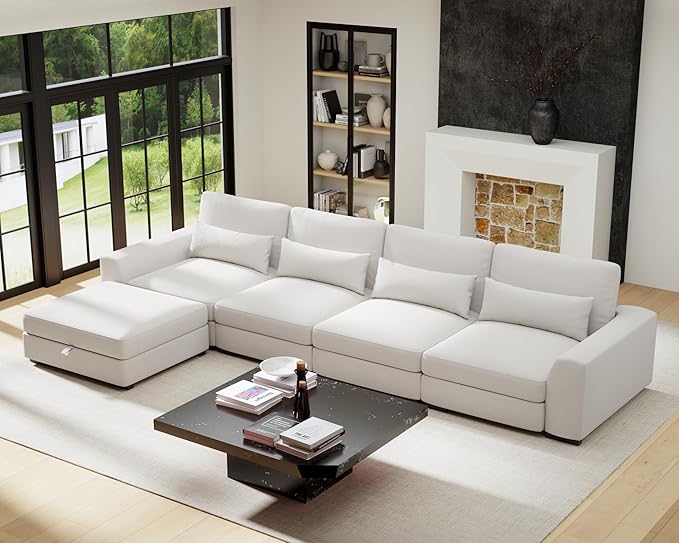 Sectional Couches for Living Room - Large Modular 5 Seat Sectional Couch-Velvet Linen with Storage Deep Seat Sofa-Convertible Sofa for Large Living Rooms-with ChaiseWashable Covers-Beige