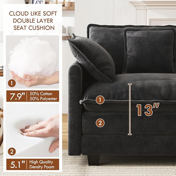 WorthFurni 111.4 Modular Cloud Couch with Ottoman Oversized Deep Seat Sectional Sofa Plush Upholstered 3-Seater Sofa with Pillows for Living Room Bedroom Comfy Modern Modular Couch (Black)