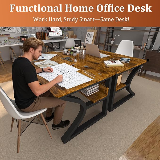 Computer Desk 55'' Computer Desk Home Office Desks w/Storage Shelves &amp U Shaped Metal Frame Study Writing Desk w/Cable Management Deeper &amp Thicker Desktop Table for Home Office