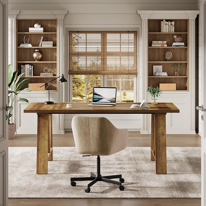 Tribesigns 63 Executive Desk Farmhouse Wooden Office Computer Desk Large Workstation Writing Table with Sturdy Legs for Home Office Brown