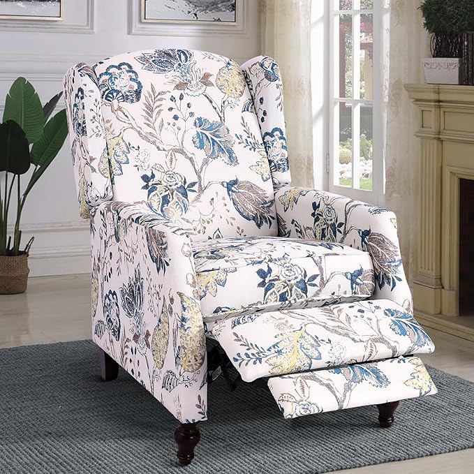 Mid Century Modern Wingback Recliner Chair for Adults Push Back Upholstered Accent Chair with Floral Fabric Manual Reclining Armchair for Living Room Bedroom Reading Corner (Blue Botanical)