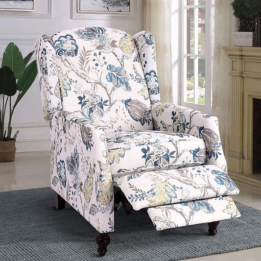 Mid Century Modern Wingback Recliner Chair for Adults Push Back Upholstered Accent Chair with Floral Fabric Manual Reclining Armchair for Living Room Bedroom Reading Corner (Blue Botanical)