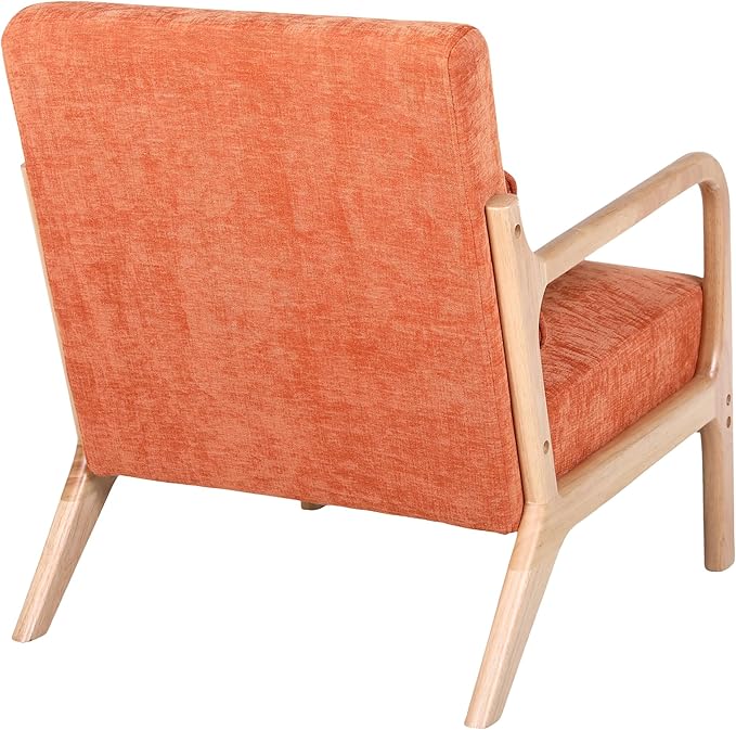 Mid Century Modern Accent ChairComfy Fabric Reading Chair with Retro Solid Wood Frame &amp High Back Upholstered Lounge Arm Side Chair for Living Room Bedroom Balcony (Linen/Orange)