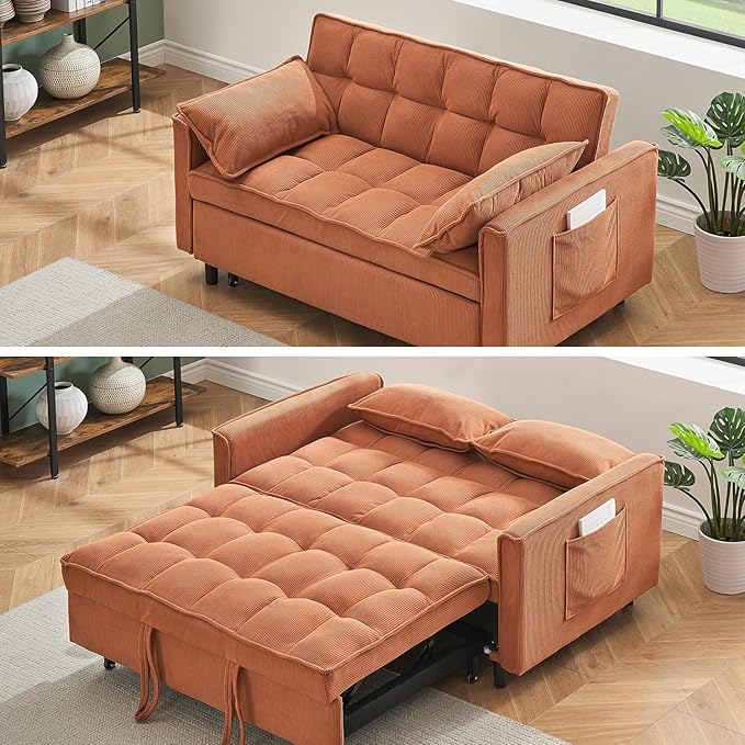 3 in 1 Corduroy Convertible Sofa Bed Pull Out Couch Bed with Reclining Backrest and 2 Pillows 54 Full Size Loveseat Sleeper Sofa Futon Couch Beds Couches for Small Spaces Living Room (Orange)