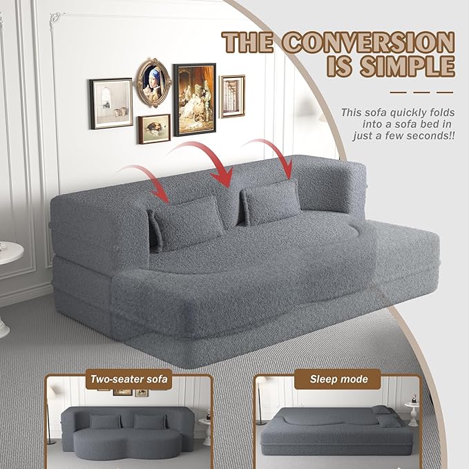 78 Teddy Folding Floor Sofa Couch BedConvertible Folding Sofa Bed Full Size Love Seat Sleeper Bed Floor Sofa Bed with 2 Pillows for Living Room Apartment Office (Grey)
