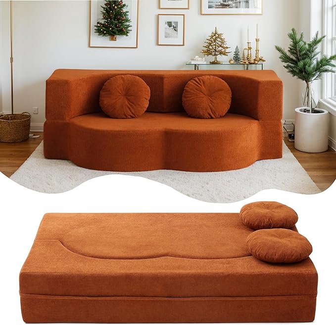 76 Convertible Folding Futon Sofa Bed Queen Sleeper Sofa with Pillow Teddy Fabric Floor &amp Futon Loveseat Couch Foam Folding Mattress Sleeper for Living Room Guest Use OfficeApartment(Orange