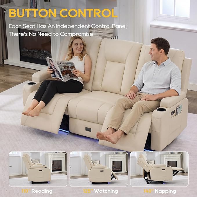 IPKIG Power Recliner Loveseat with Flip Middle Backrest Zero Wall Hugger Sofa Couch Faux Leather 3-Seater Sofa with LED Lights AC Outlets USB Ports Cup Holders Beige | Storage Drawer Electric C