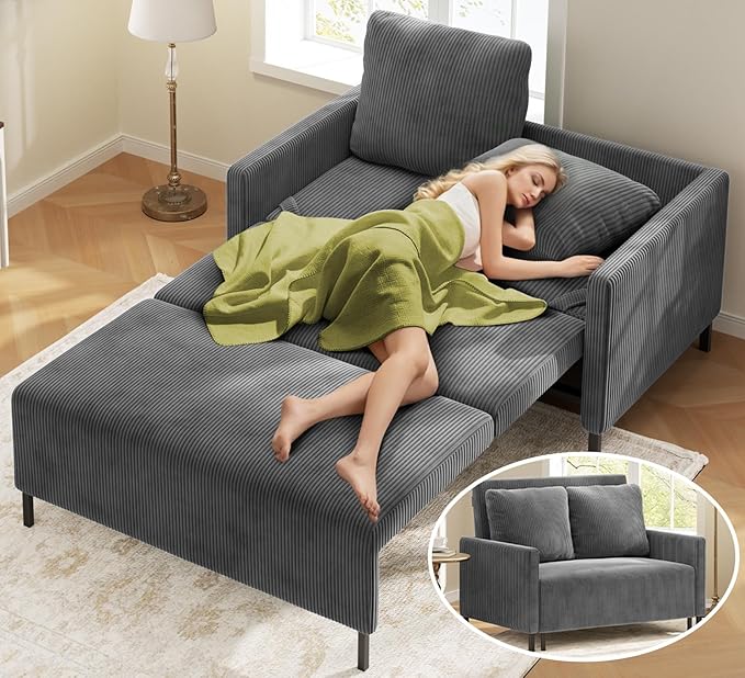 Corduroy Convertible Sofa Bed 47 Loveseat Sleeper Sofa Pull out Couch 618lbs Capacity Modern Sleeper Couch Bed 2 Fluffy Pillows Included Small Couches for Small Spaces/Apartment/Office Grey