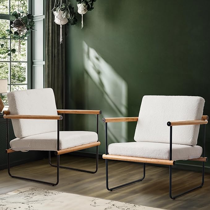 29in Boucle Fabric Accent Chair for Bedroom Modern Lounge Chair for Living Room Upholstered Reading Armchair with Metal and Wooden Arms (Natural x1)