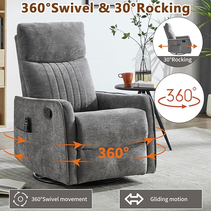 Massage Recliner Chair with Heat Slim Recliners for for Adults Swivel Rocking Chair Recliner with High Back Small Recliner Chair for Small Spaces Living Room Adjustable Footrest (Cinerous)