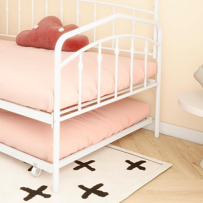 Christopher Knight Home Fox Twin Daybed with Trundle Metal Sofa Bed Set Rollaway Daybed Couch Bed Frame for Bedroom Living Room Guest Room Elegant and Simple Style Anti-Noise Easy Assembly White