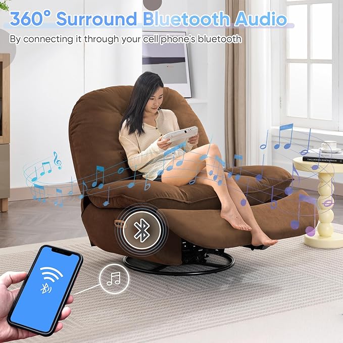 Oversized Electric Recliner Chair 360 Swivel Rocking Glider Rocker for Adults Modern Ergonomic Lounge for Living Room Phone Stand&amp Smart Voice Control Theater Seating (Brown Fabric)
